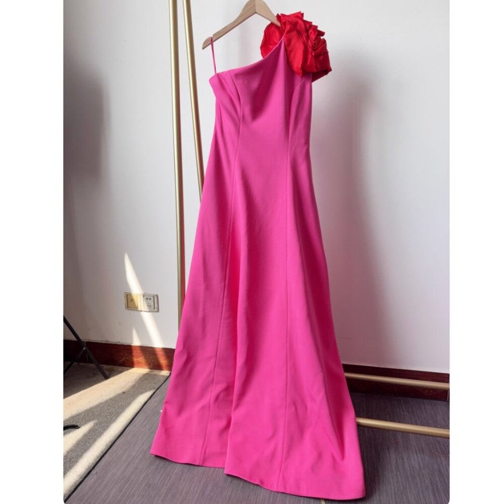 Rachel Gilbert Vya Maxi Dress Gown US8/10/12 Pink One Shoulder Floral Appliqué - Picture 4 of 4